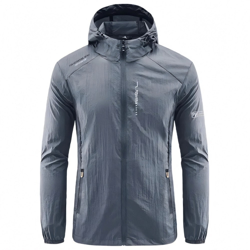 Veste gris foncé avec capuche, déperlante, légère et respirante.