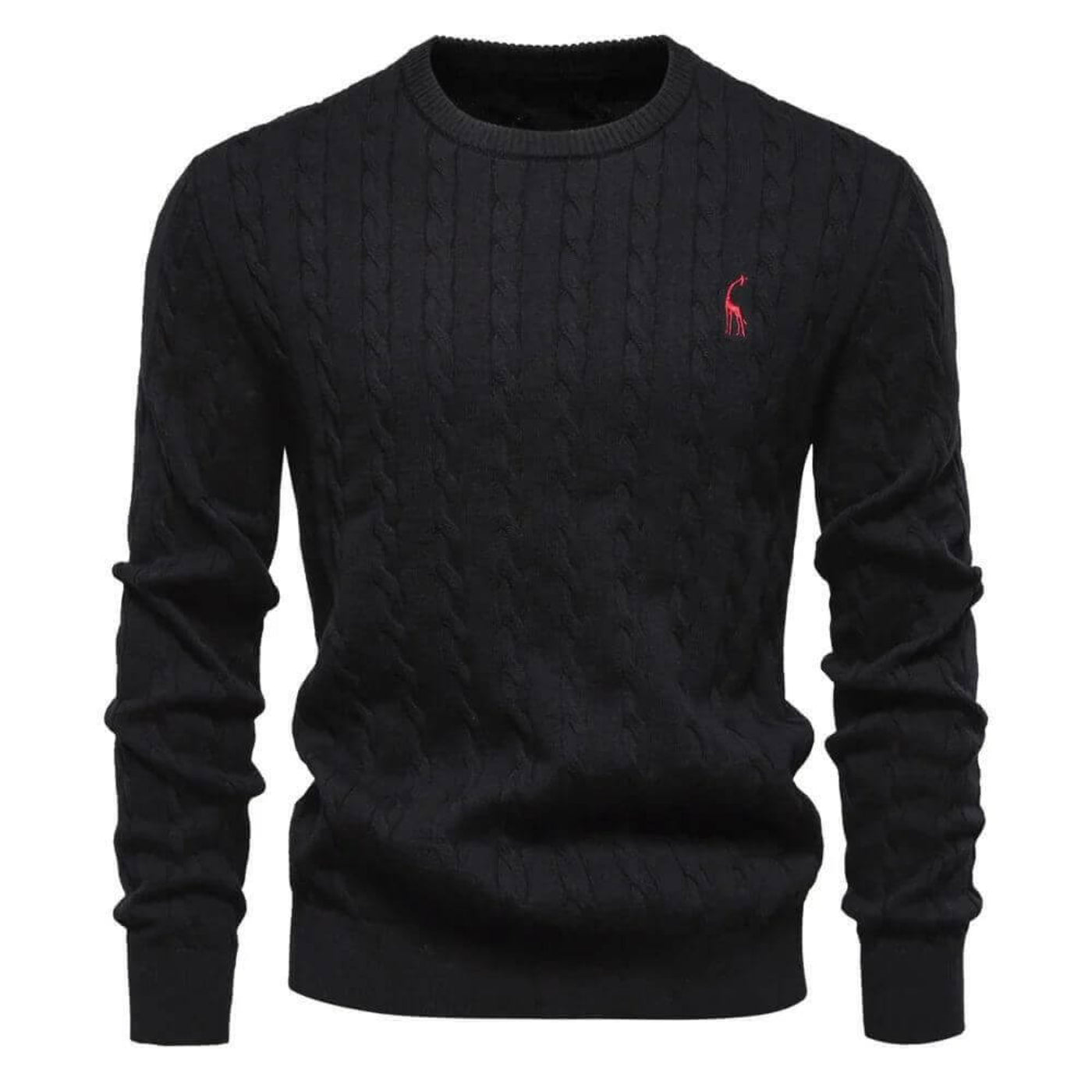 Pull en maille torsadée noir pour homme avec logo brodé rouge – stylé et chaud pour l'hiver.