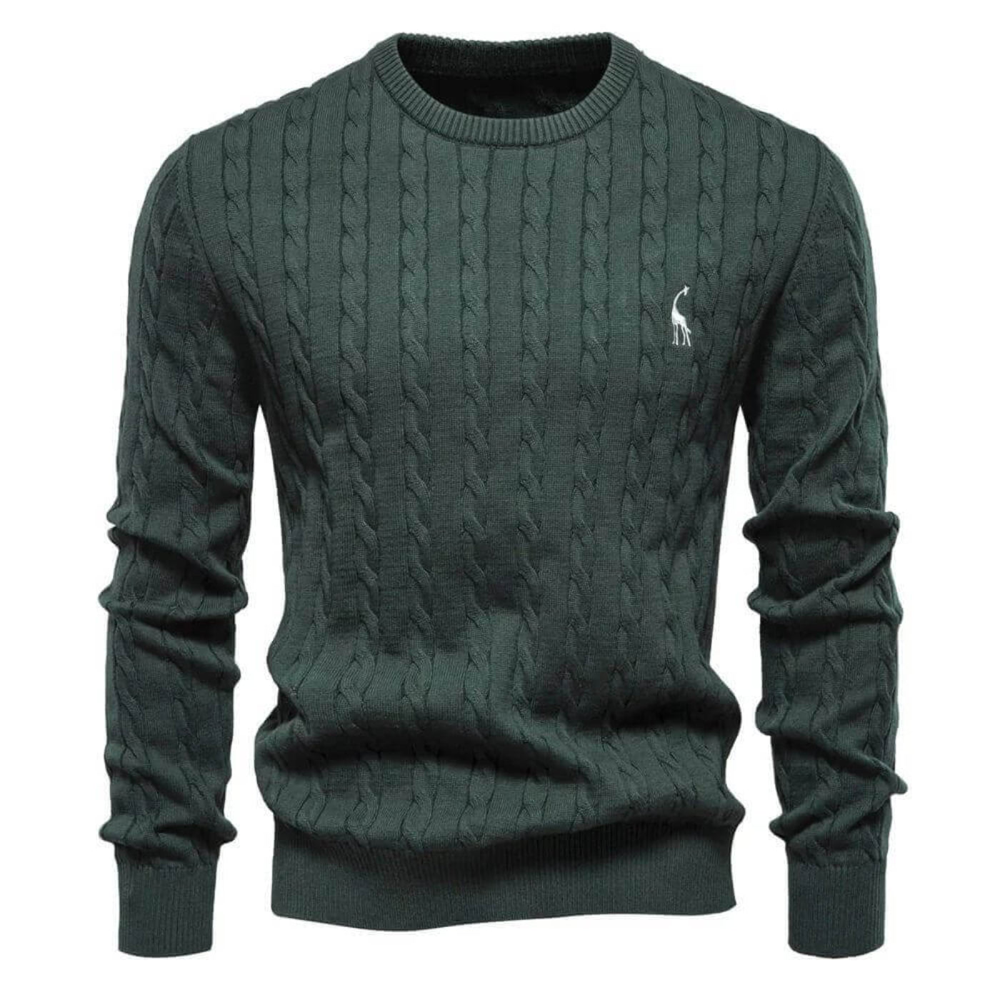Pull en maille torsadée vert foncé pour homme avec logo brodé – mode intemporelle et confortable.