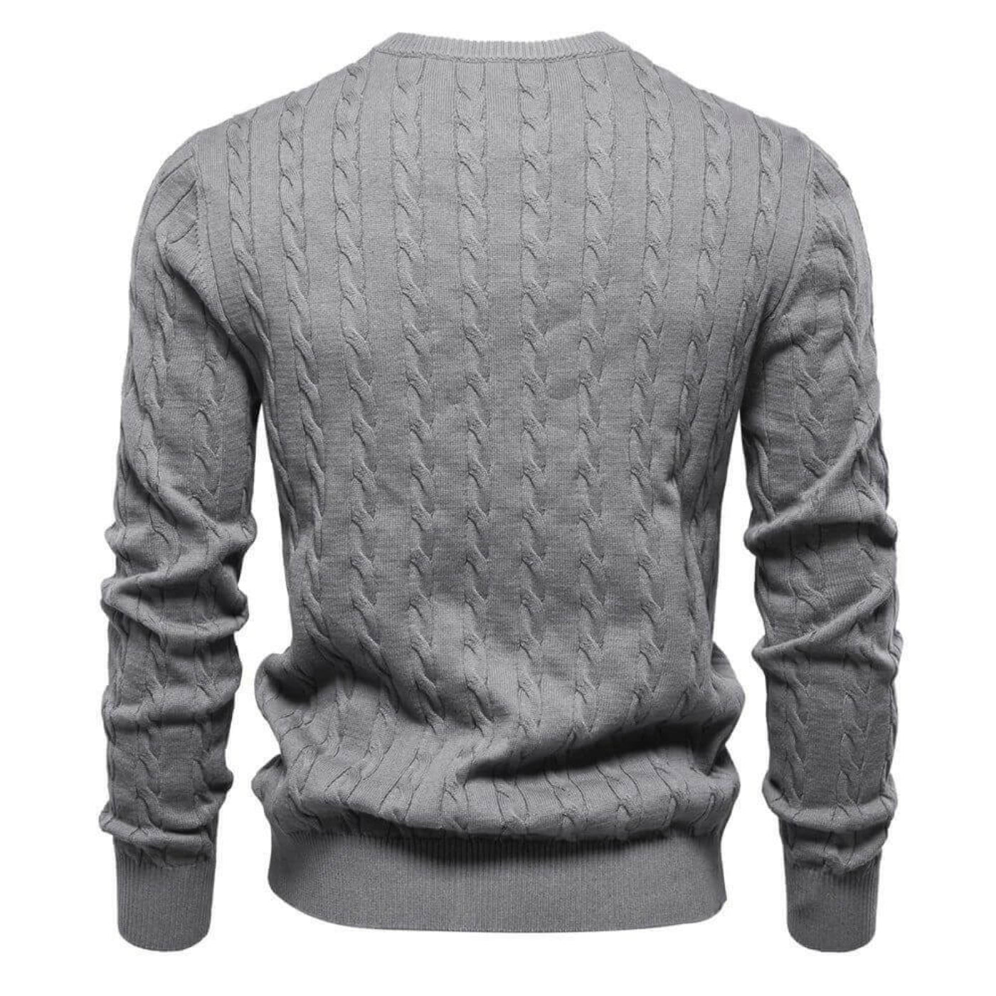 Pull en maille torsadée gris foncé pour homme, vue arrière – tricot hivernal classique et polyvalent.