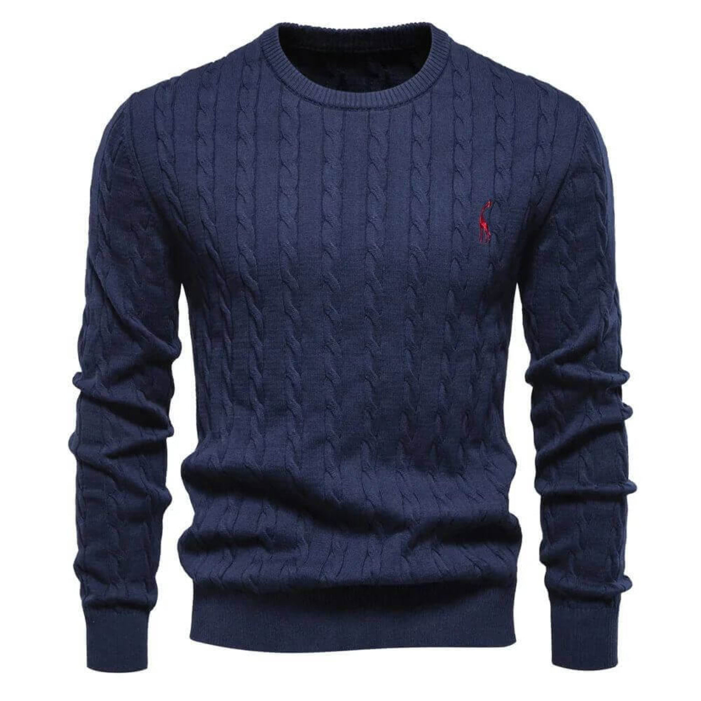 Pull en maille torsadée bleu marine pour homme avec logo brodé rouge – un essentiel hivernal raffiné et chaud.