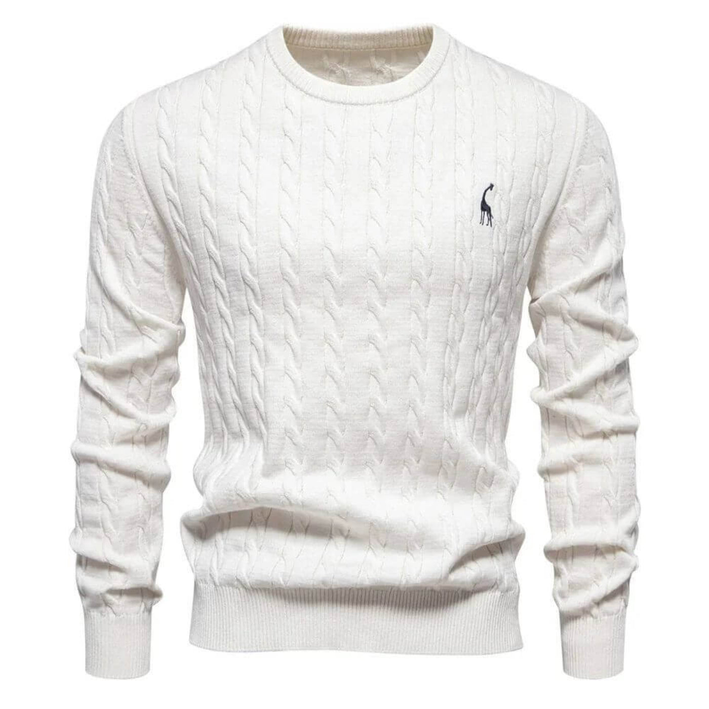 Pull en maille torsadée blanc pour homme avec logo brodé – mode hivernale classique et élégante.