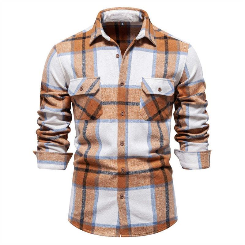 Chemise à carreaux décontractée kaki pour hommes Vue large