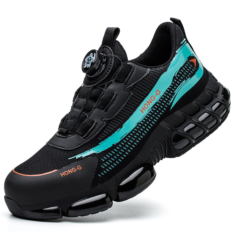 Chaussures de sécurité modernes noires et bleues, gros plan
