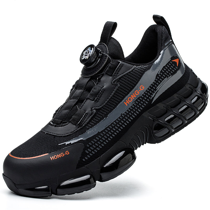 Chaussures de sécurité modernes noires et orange gros plan