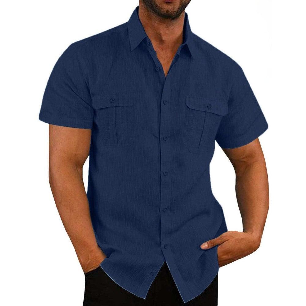 Chemise à manches courtes en tissu léger, bleu marine, avec poches poitrine.