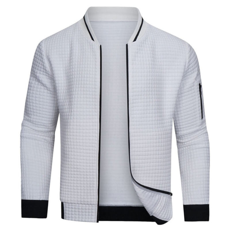 Veste blanche pour homme avec un motif matelassé et une fermeture à glissière à la mode.