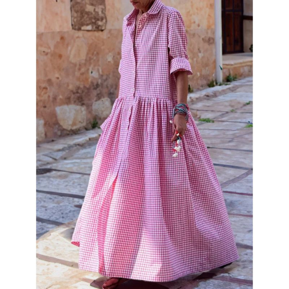 Robe longue chic en vichy boutonnée sur le devant