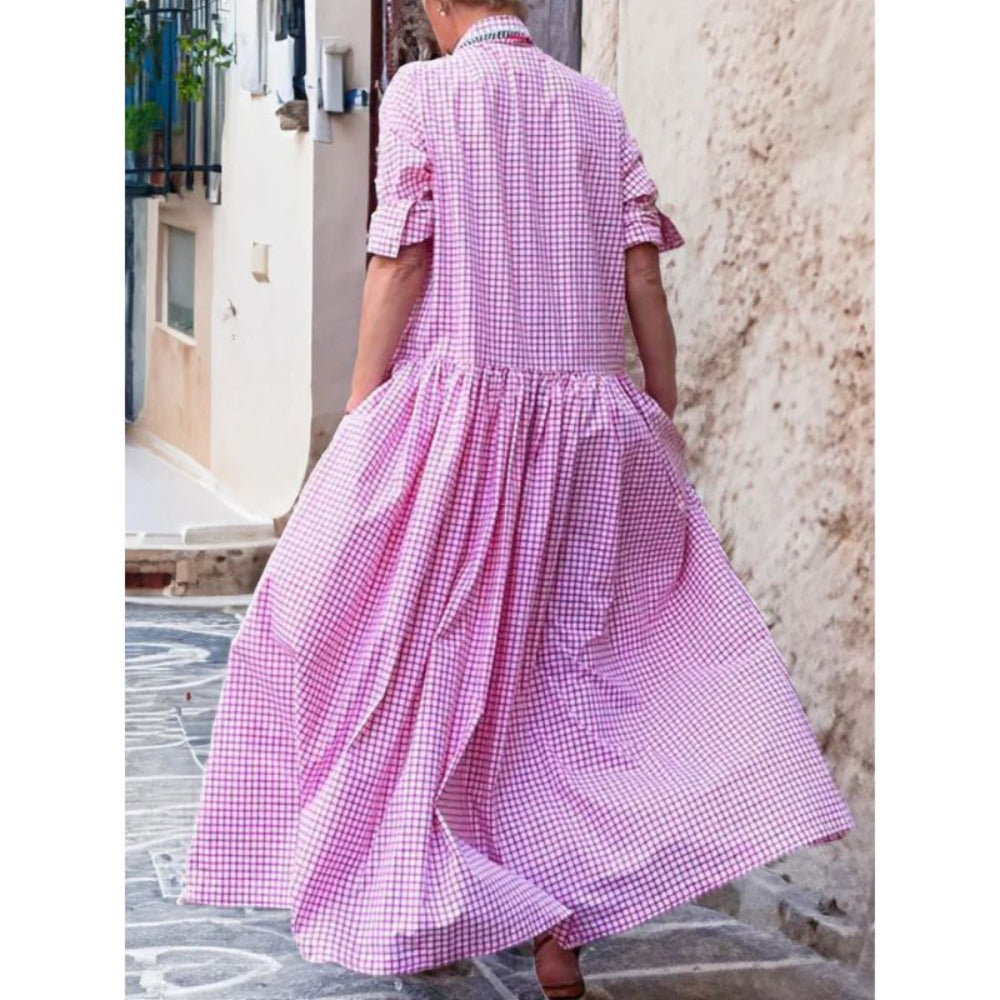 Robe longue chic en vichy boutonnée sur le devant