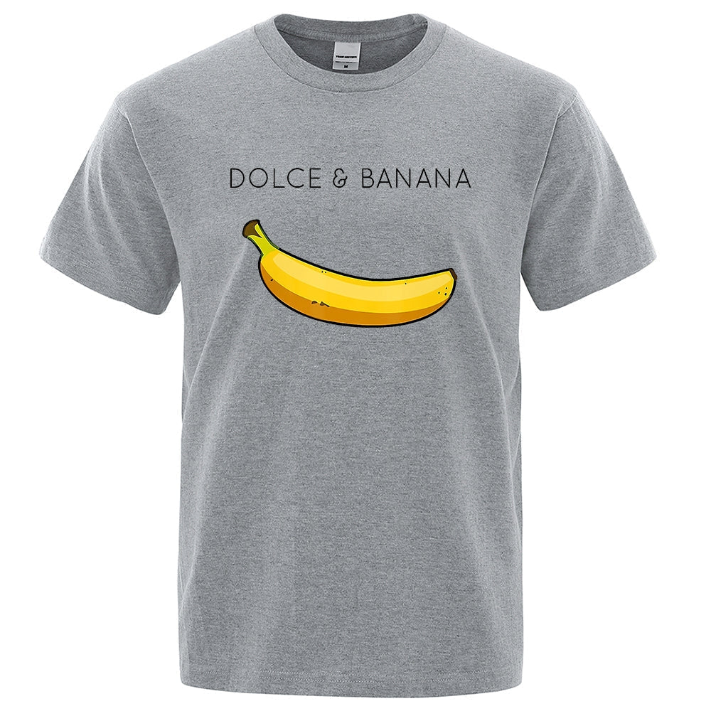 T-shirt gris avec motif de bananes.
