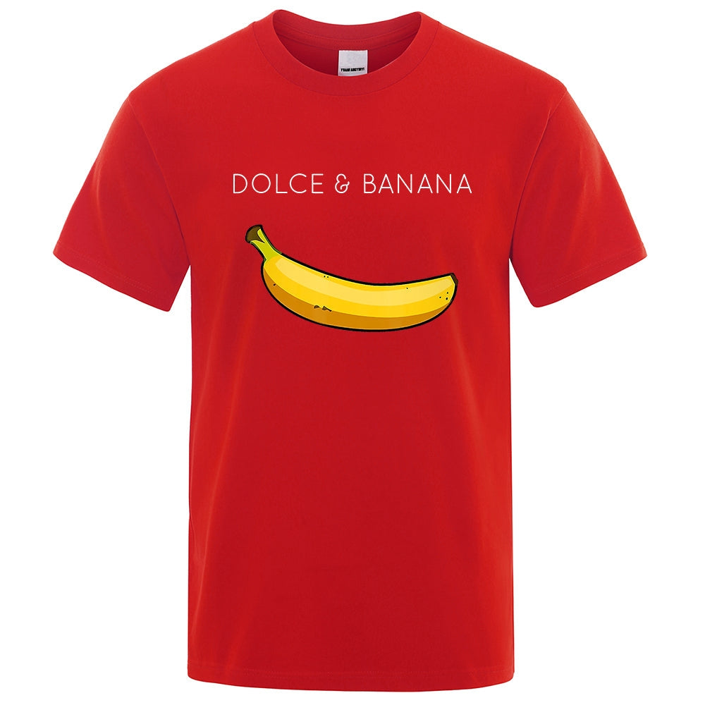 T-shirt rouge avec motif de bananes.