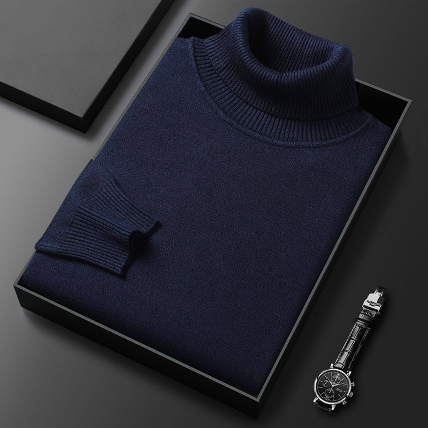 Pull à col roulé bleu marine – élégant, chaud et fabriqué en maille de qualité pour un confort hivernal luxueux.