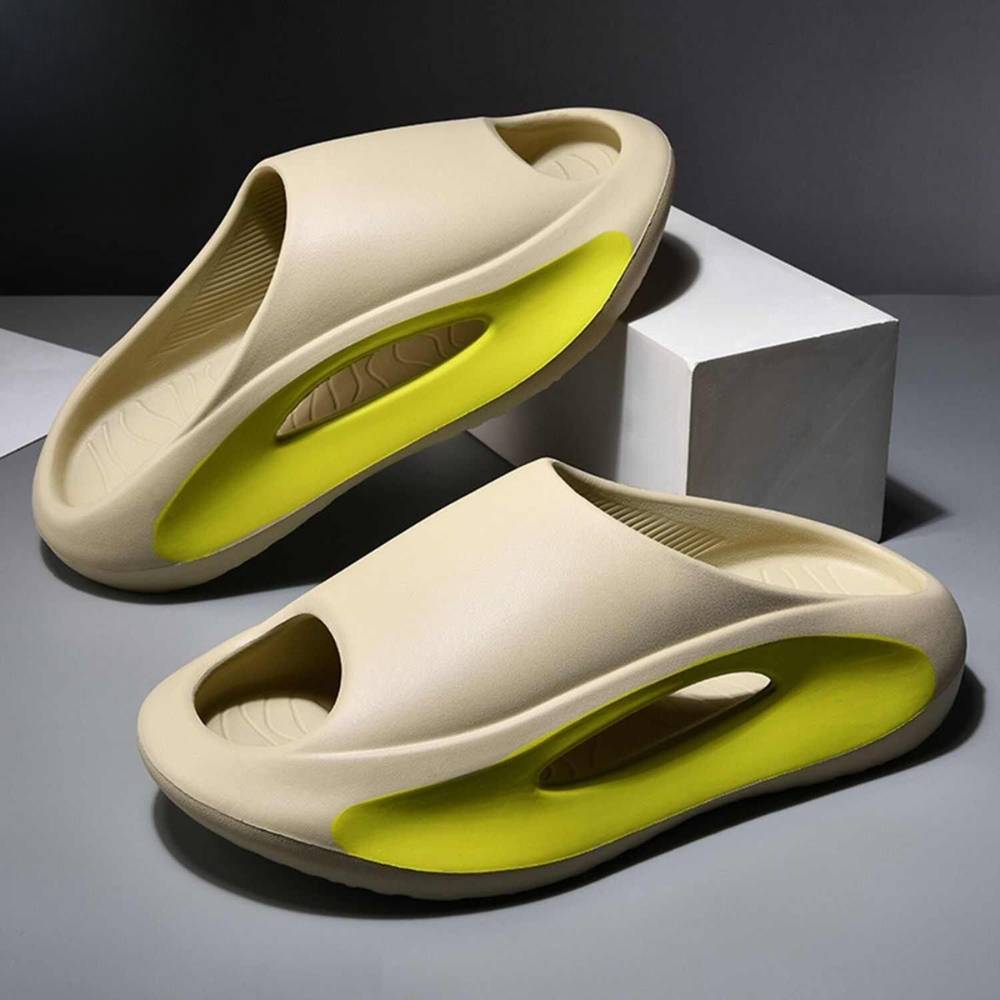Sandales kaki  avec un design jaune néon, pantoufles modernes et confortables