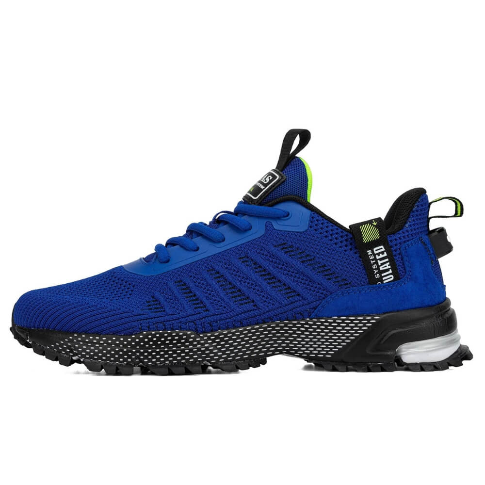 Chaussure de sport bleue avec tige en maille respirante et semelle en caoutchouc résistant.