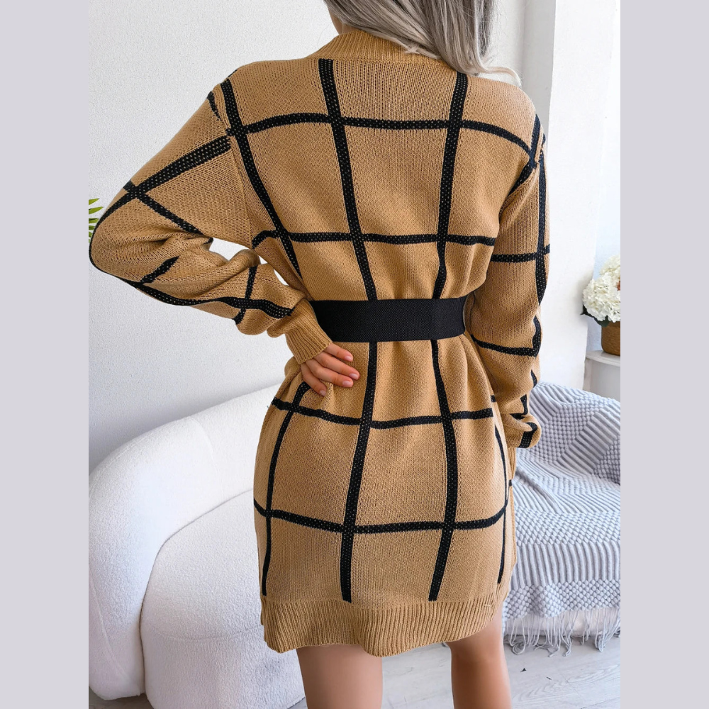 Robe Midi Élégante à Manches Longues en Tissu Écossais