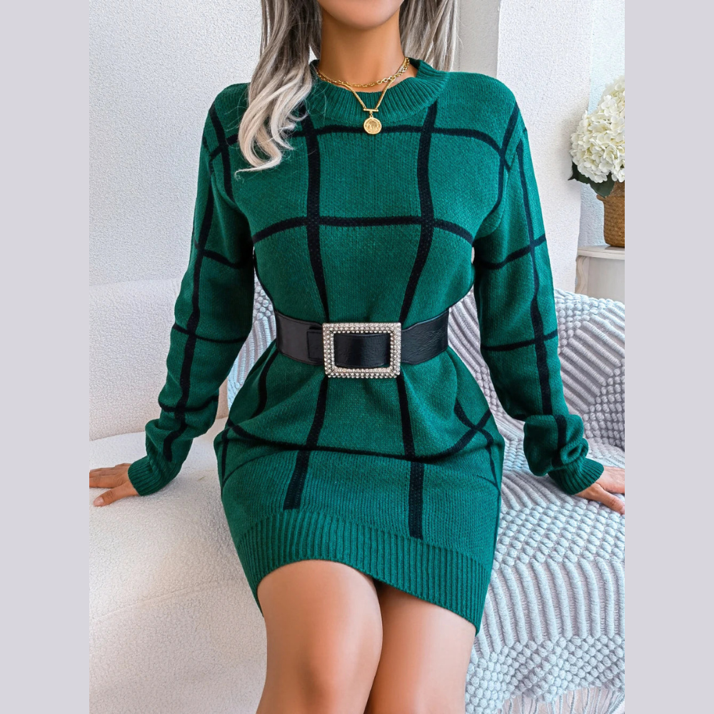 Robe Midi Élégante à Manches Longues en Tissu Écossais