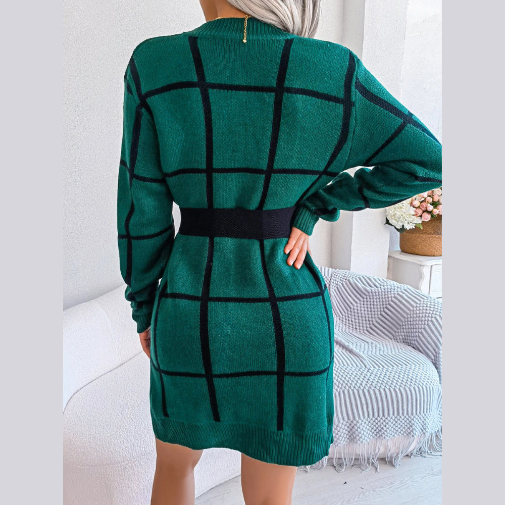 Robe Midi Élégante à Manches Longues en Tissu Écossais
