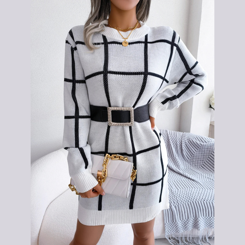 Robe Midi Élégante à Manches Longues en Tissu Écossais