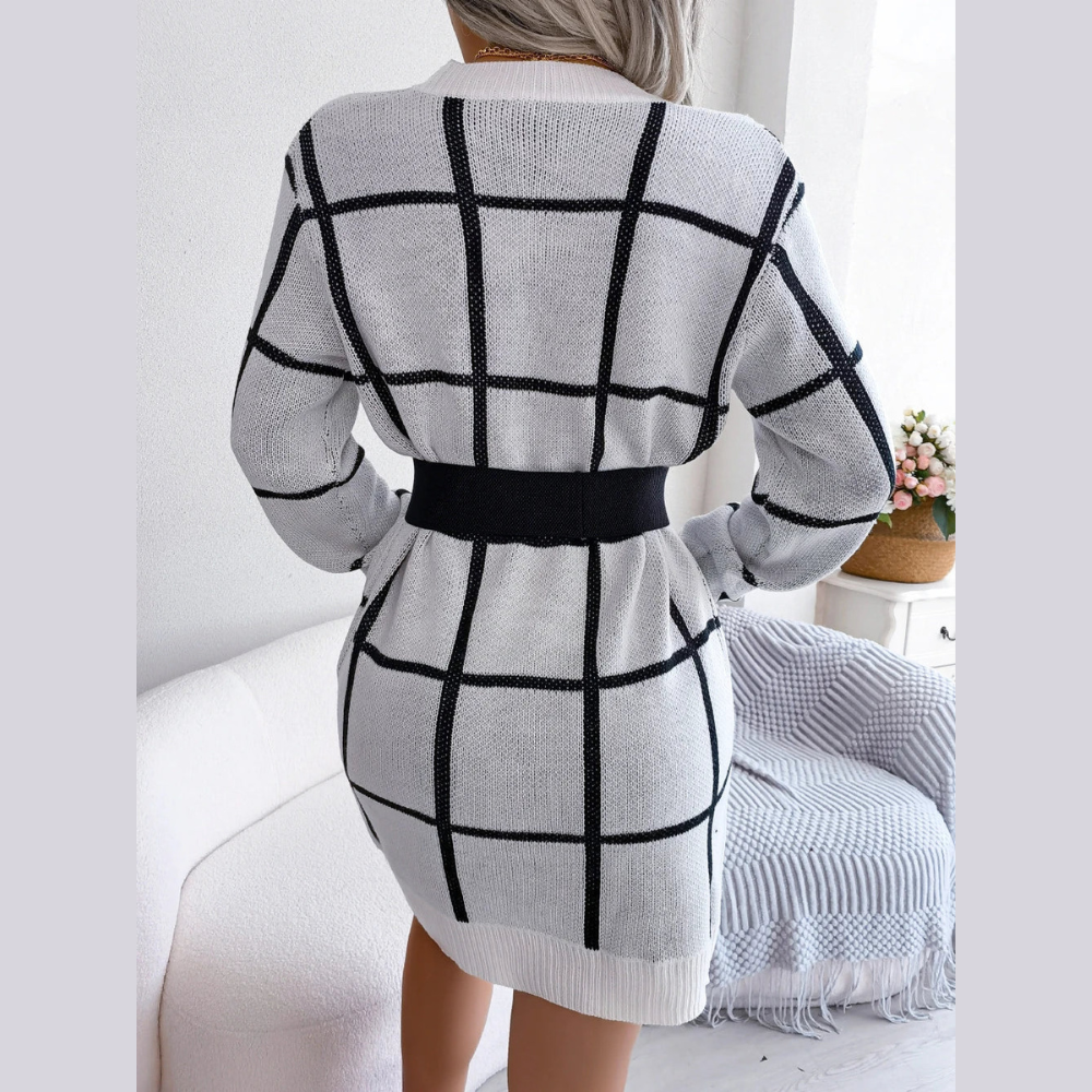 Robe Midi Élégante à Manches Longues en Tissu Écossais