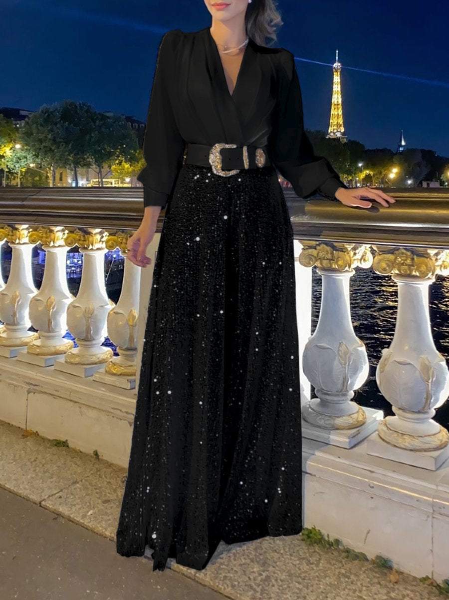 Ensemble soirée femme – 2 pièces pailleté à col V glamour
