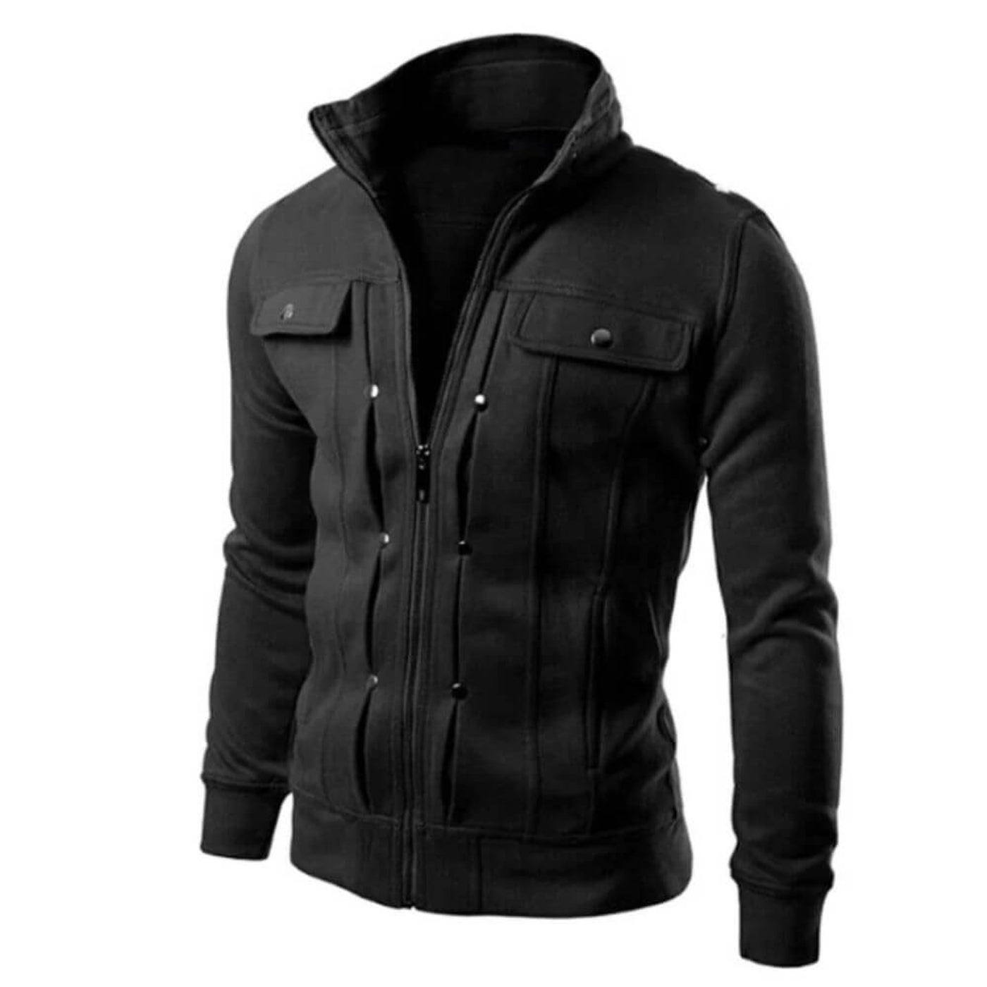 Veste noire zippée pour homme avec poches poitrine et coupe moderne ajustée.