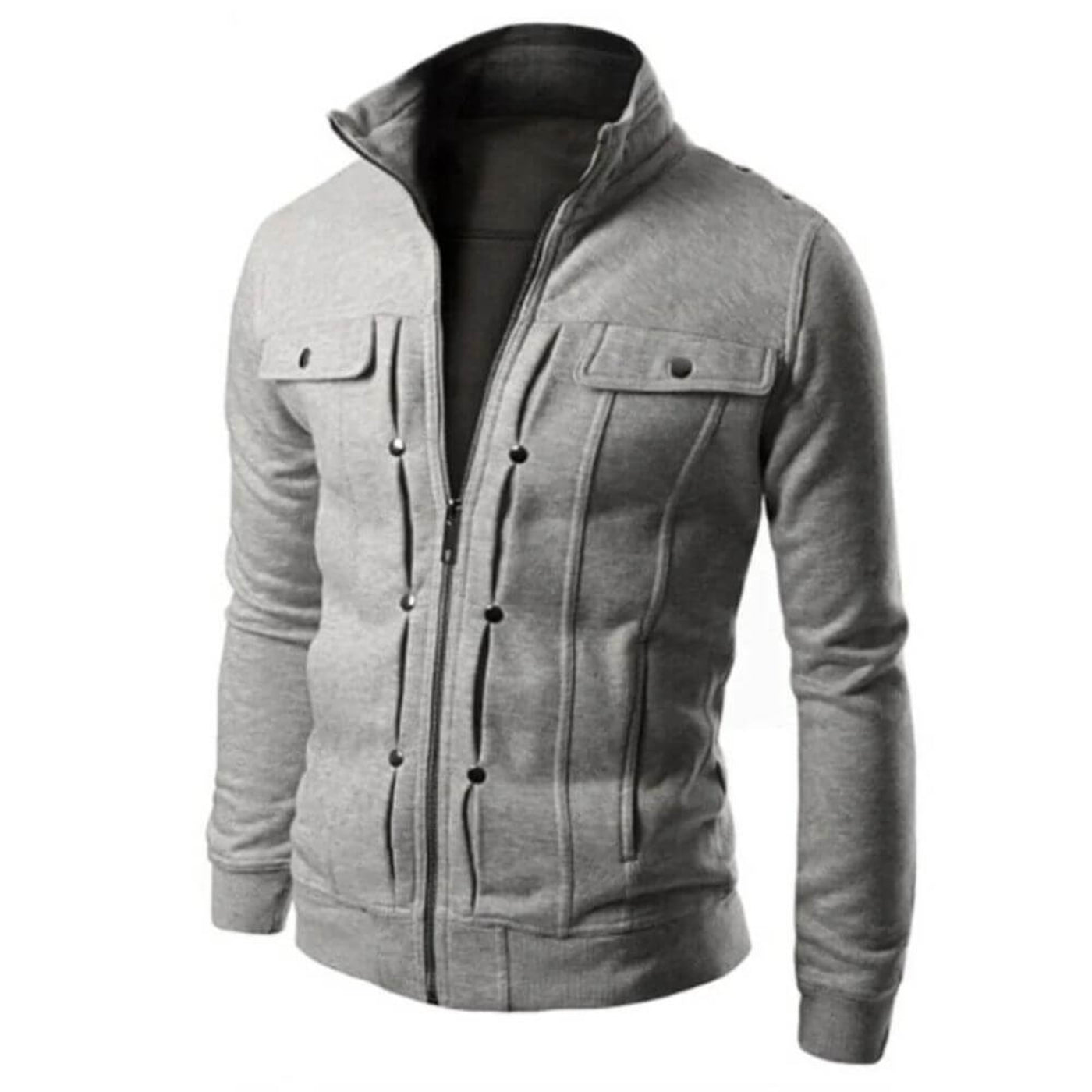 Veste grise zippée avec design structuré et poches poitrine fonctionnelles.