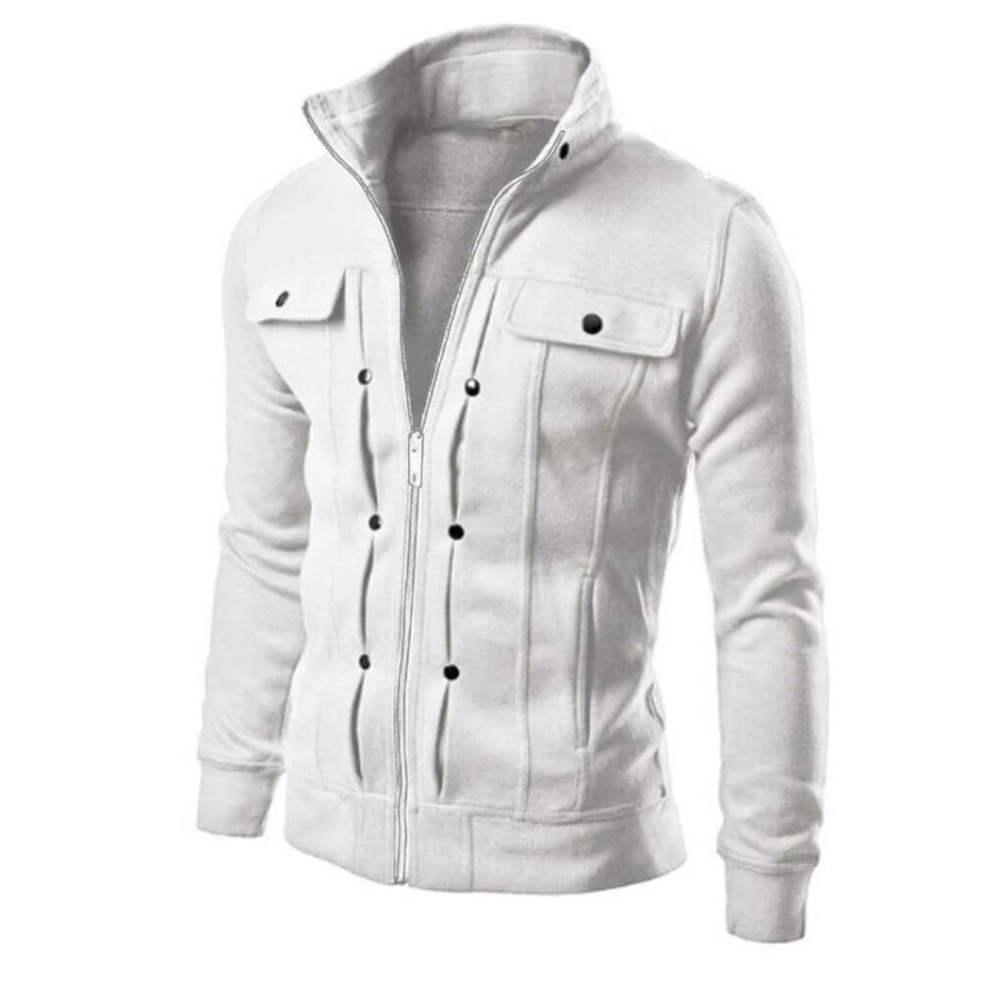 Veste blanche zippée avec col montant et design minimaliste élégant.