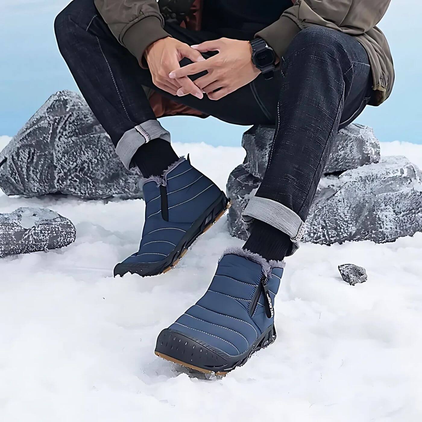 Bottes d'hiver isolantes bleues pour homme. Chaudes, élégantes et adaptées aux conditions neigeuses.