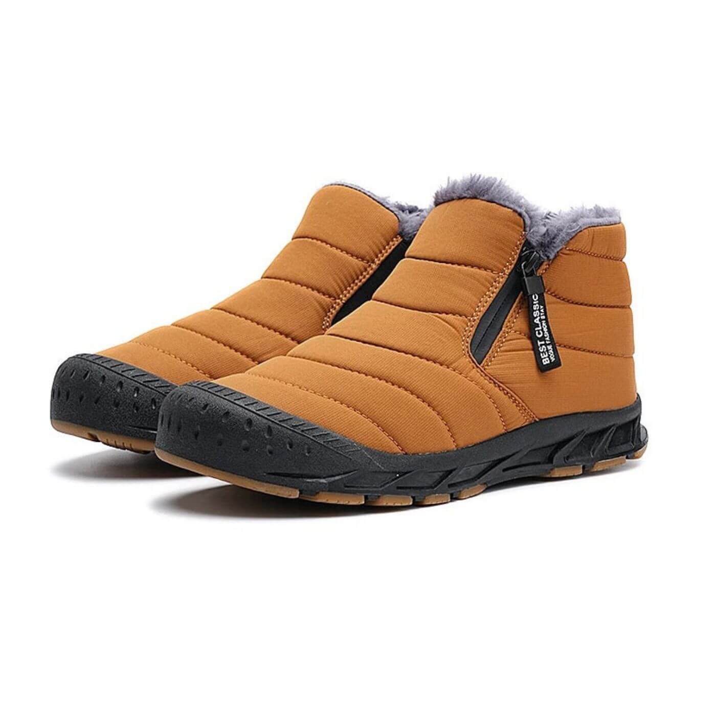 Bottes d'hiver marron imperméables pour homme avec fermeture éclair latérale. Chaudes, pratiques et parfaites pour l’extérieur.
