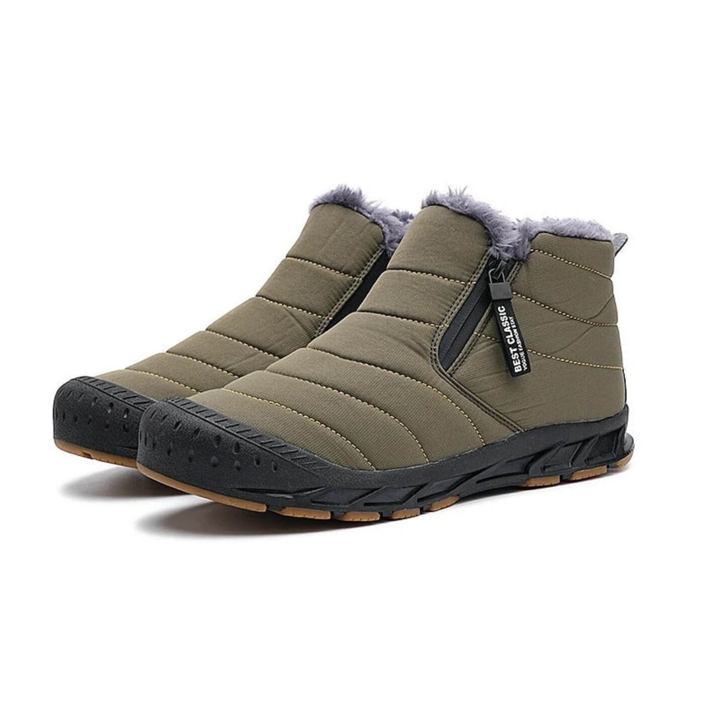 Bottes d'hiver vertes imperméables avec semelle antidérapante. Légères, isolantes et conçues pour le grand froid.