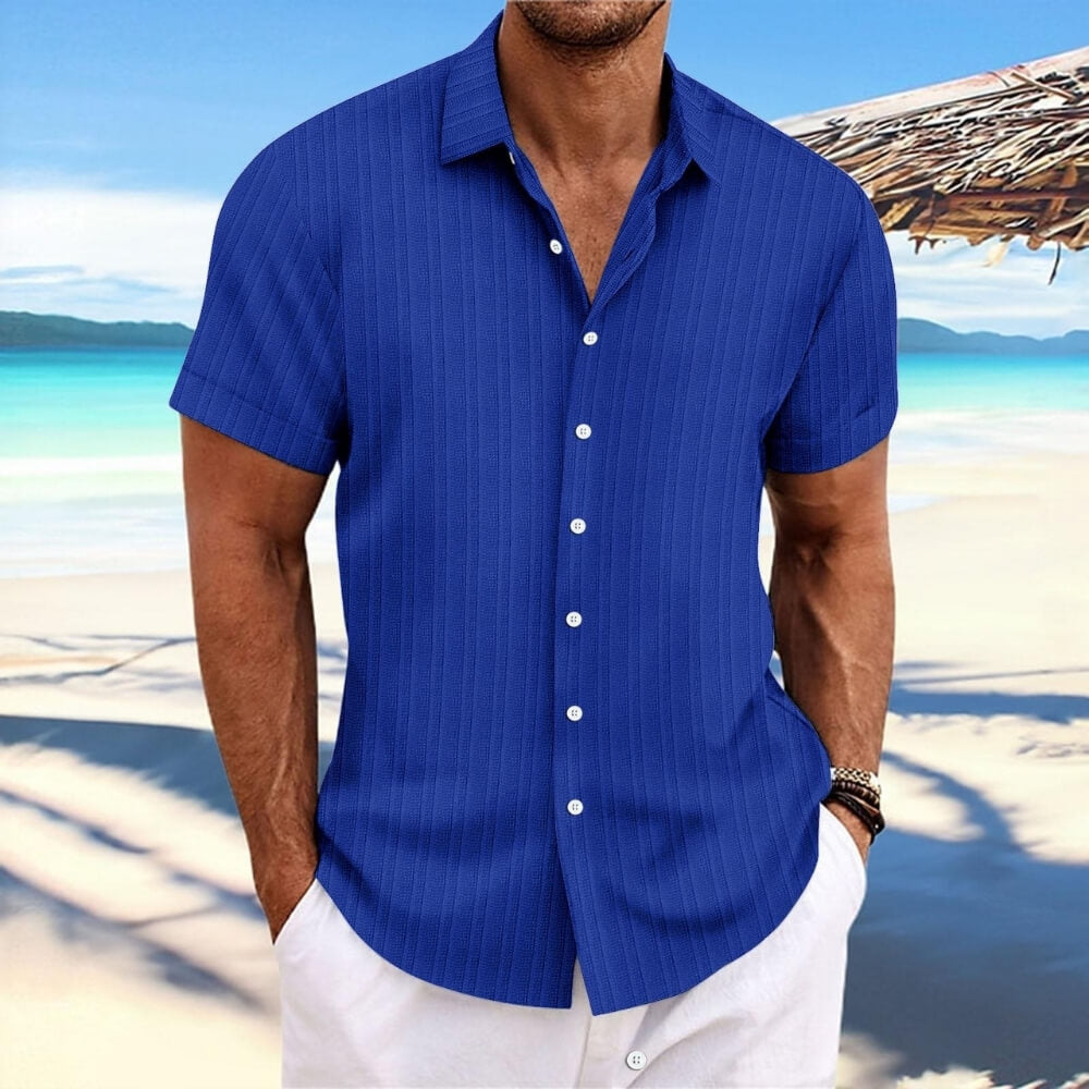 Chemise en lin rayé bleu caramel