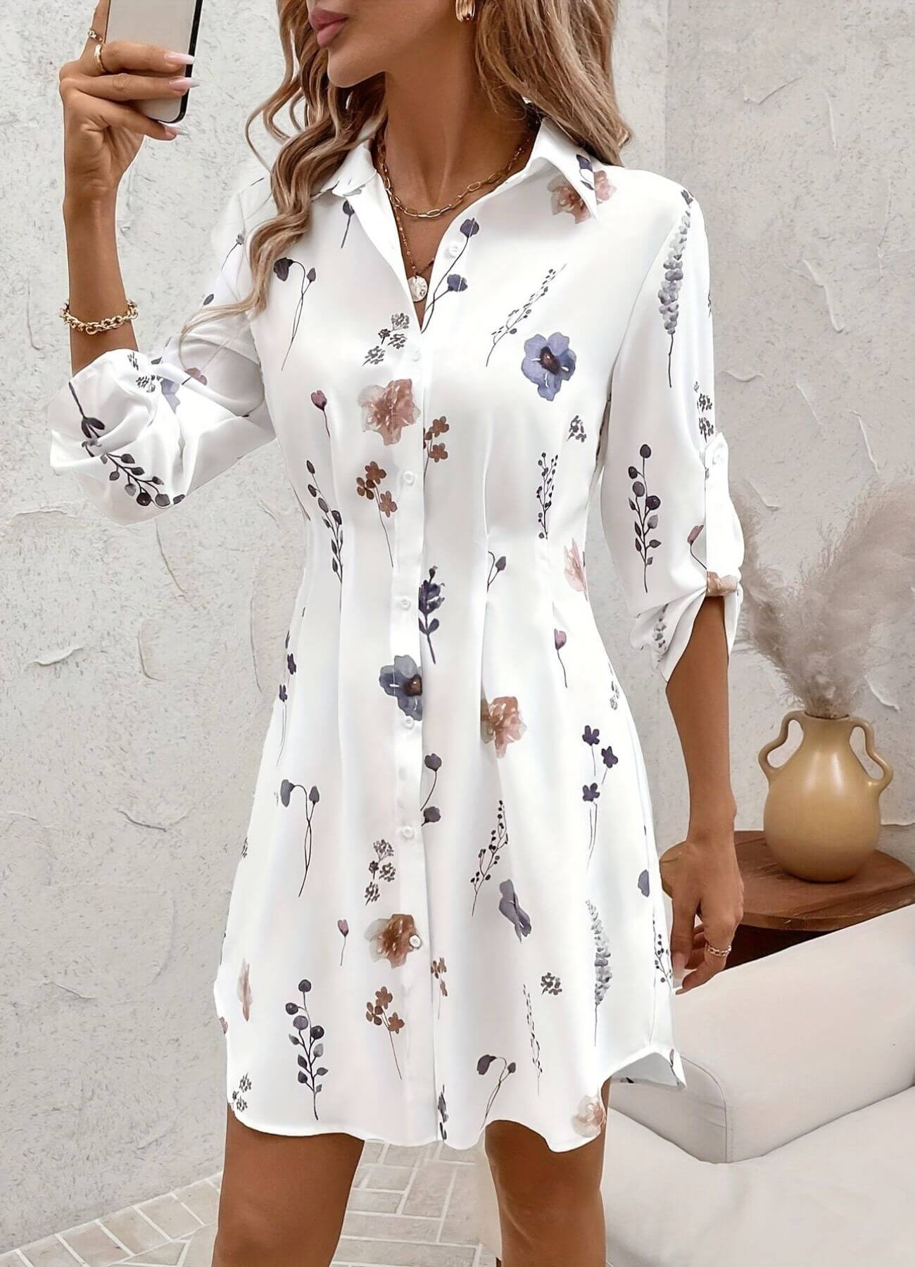 Mireille™ – Robe chemise fleurie boutonnée élégante
