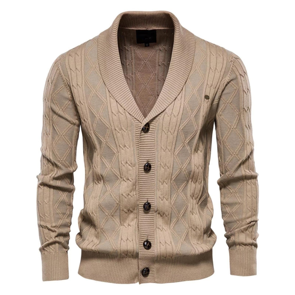 Cardigan premium kaki pour homme gros plan