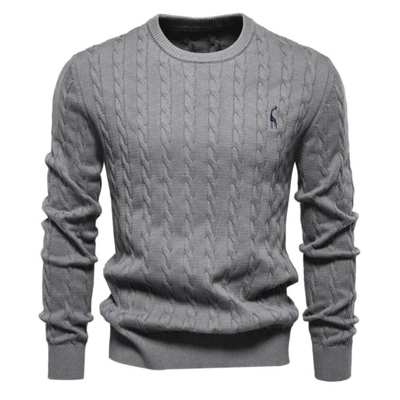 Pull en maille torsadée gris foncé pour homme avec logo brodé – style sophistiqué et confortable.