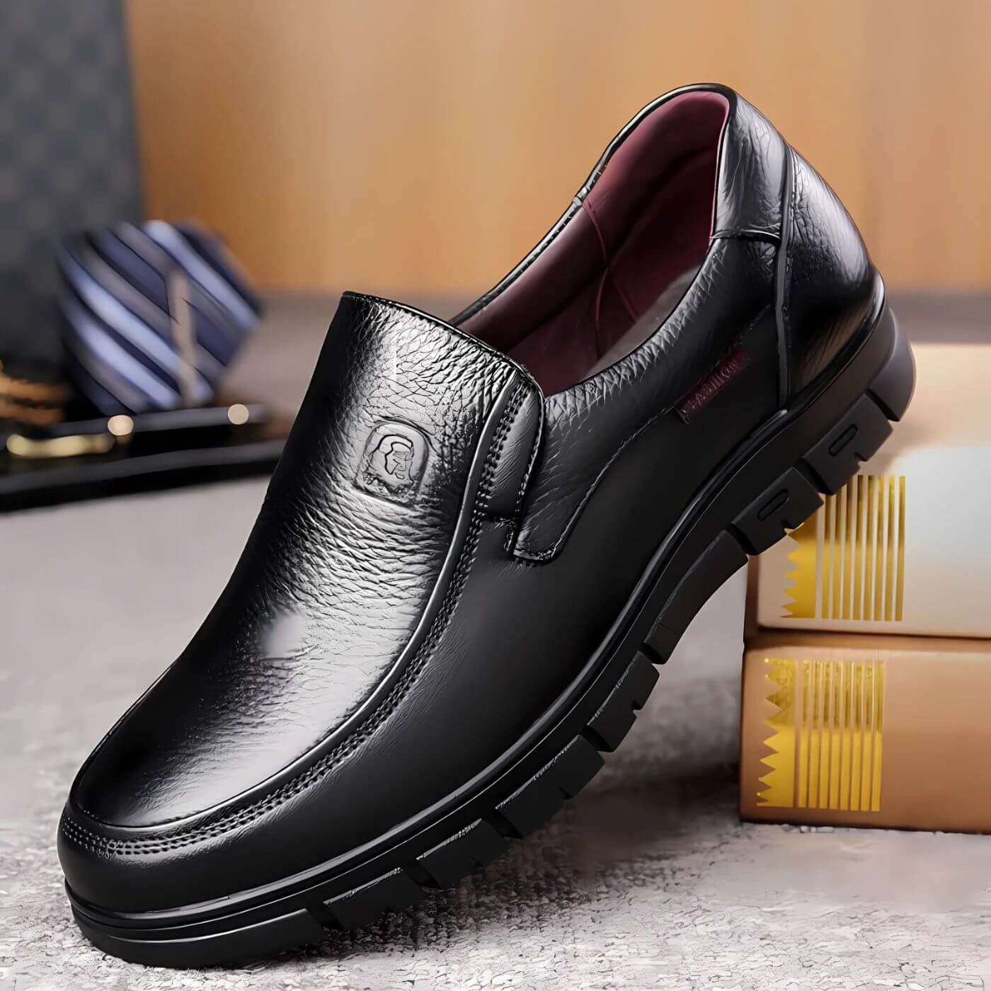 Chaussures noires en cuir pour homme, finition brillante et confort rembourré.