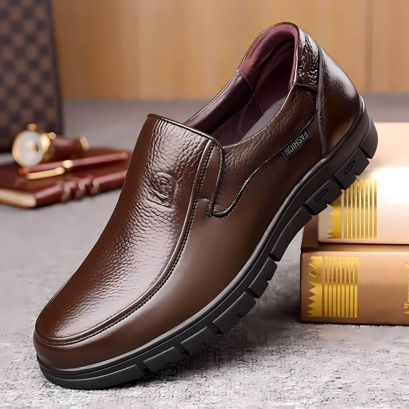Chaussures en cuir marron texturé, souples et élégantes, avec semelle en caoutchouc flexible.