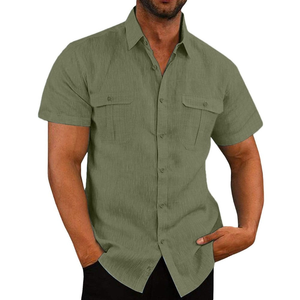 Chemise à manches courtes en tissu léger, vert armée, avec poches poitrine.