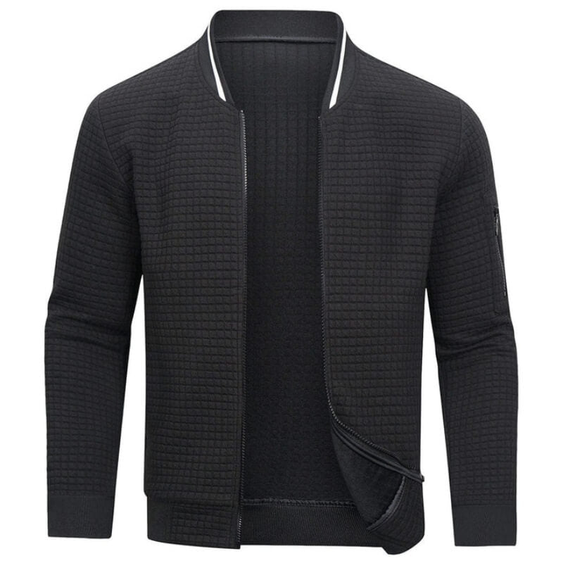Veste noire pour homme avec un motif matelassé à la mode et une fermeture à glissière.