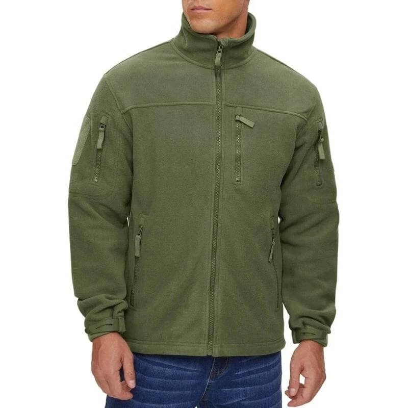 Veste polaire d'extérieur verte avec plusieurs poches zippées
