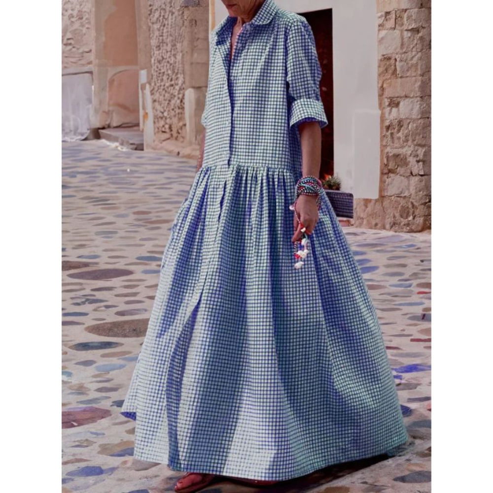 Robe longue chic en vichy boutonnée sur le devant