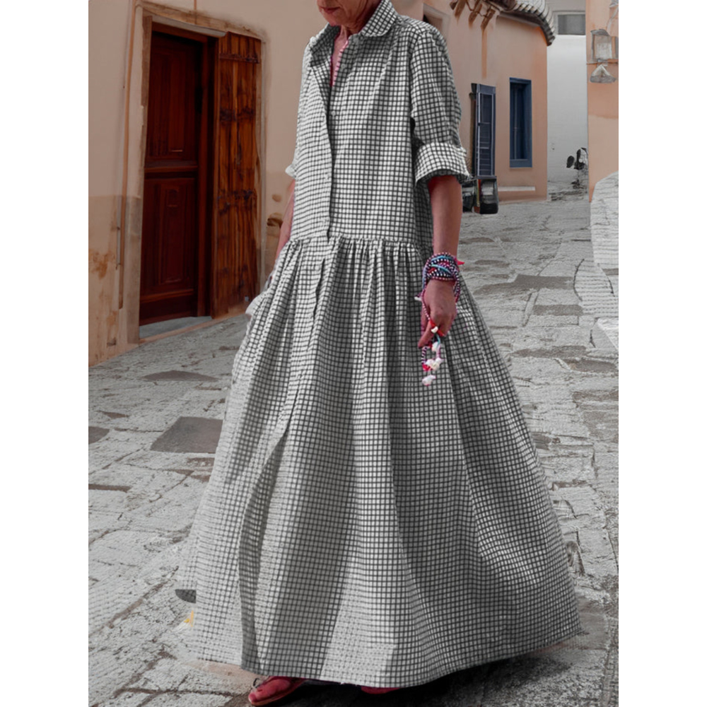 Robe longue chic en vichy boutonnée sur le devant
