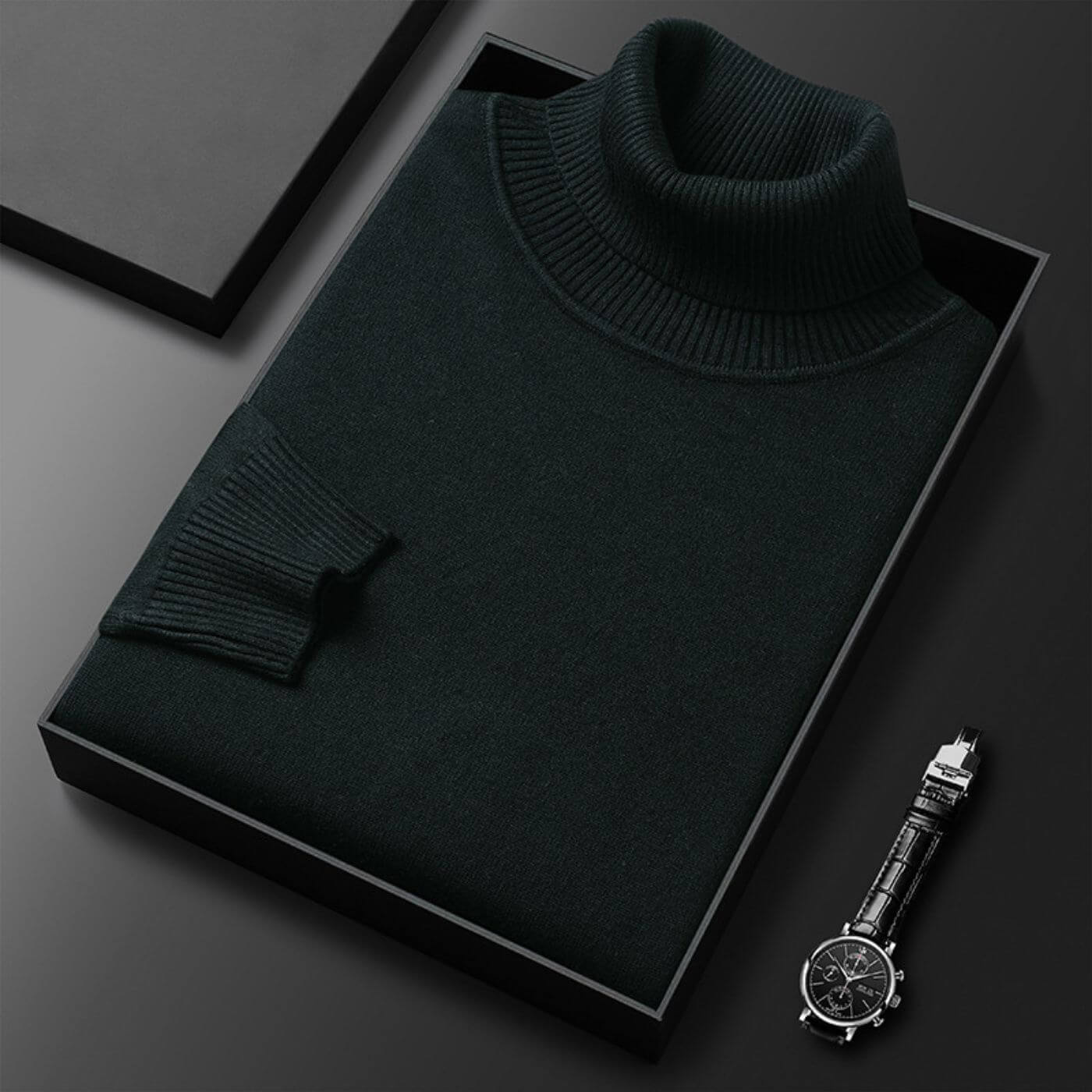 Pull à col roulé vert foncé – tissu en maille douce de qualité, parfait pour un style élégant et confortable en hiver.