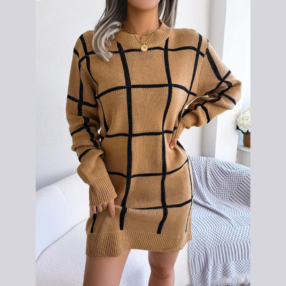 Robe Midi Élégante à Manches Longues en Tissu Écossais