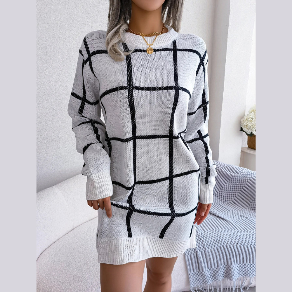 Robe Midi Élégante à Manches Longues en Tissu Écossais