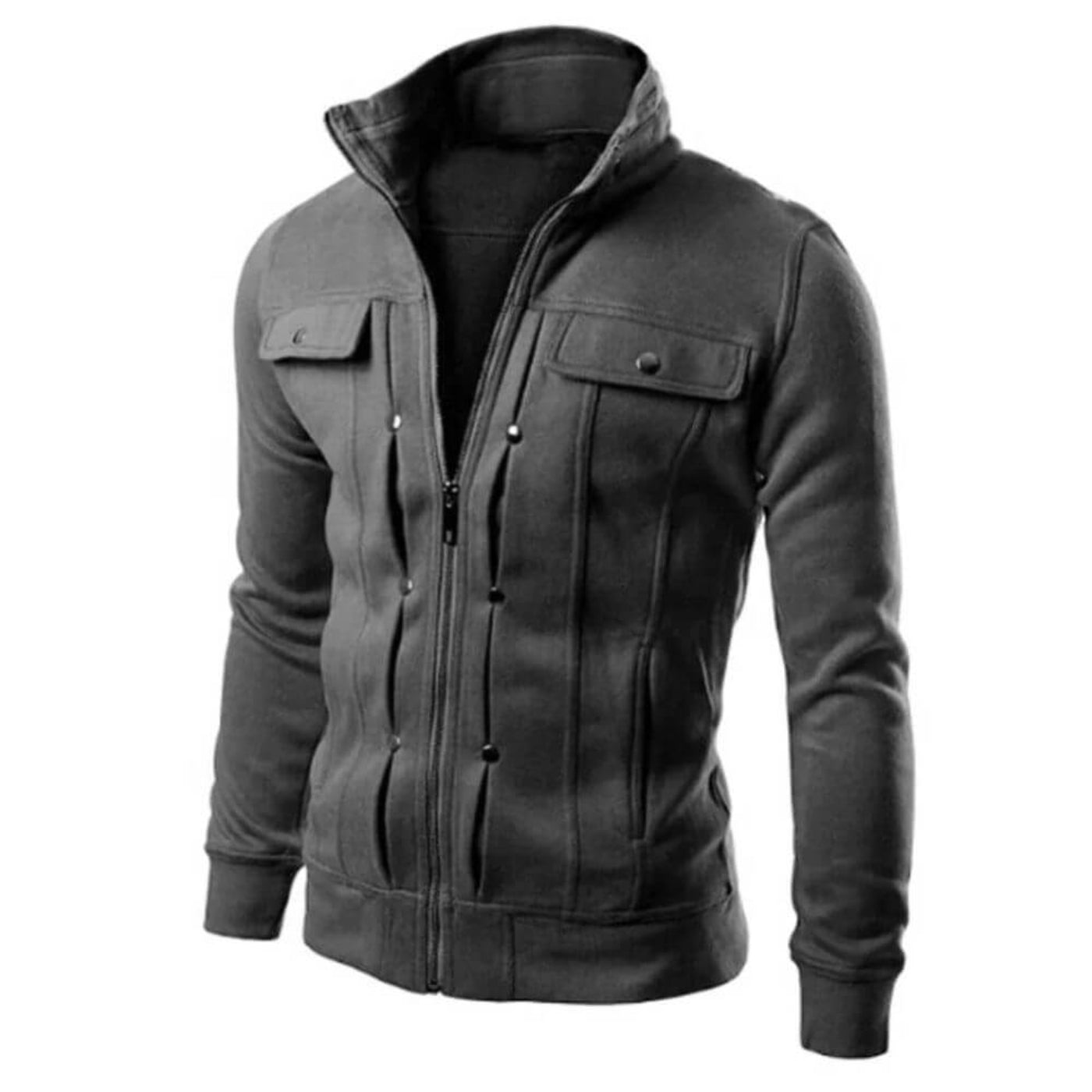 Veste gris foncé pour homme avec coupe structurée et style urbain épuré.
